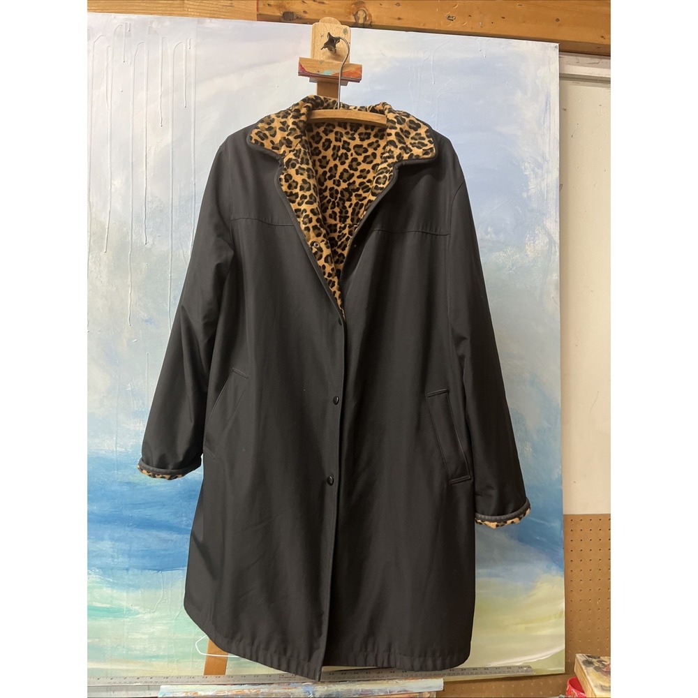 Gallery Reversible Rain Coat Black Women's Leopard Faux Fur Size Large